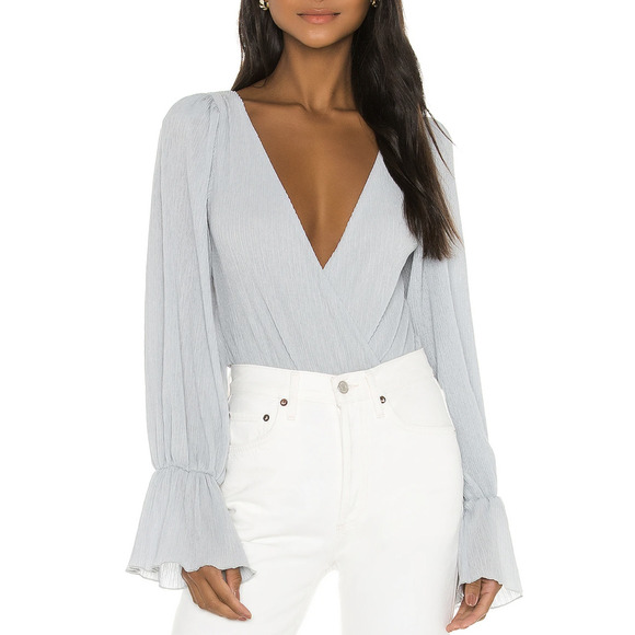 Tularosa Dusty Blue Wrap Top Bodysuit SMALL Pirate Sleeves Pleated Boho $158 NEW - Picture 3 of 7